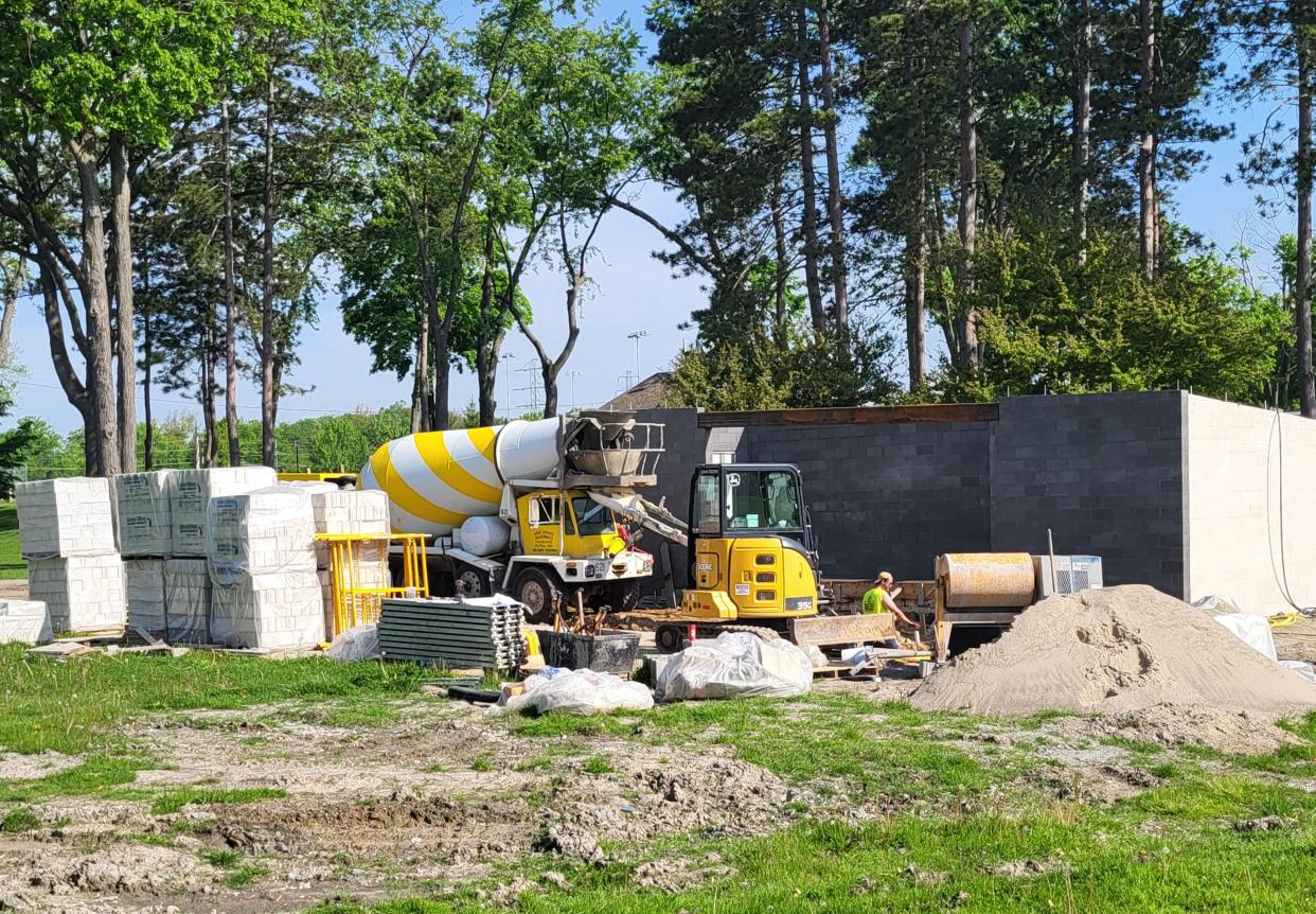 Construction crews are at work at the site of a new amphitheater on Monday, May 20, 2024, at Marysville City Park.