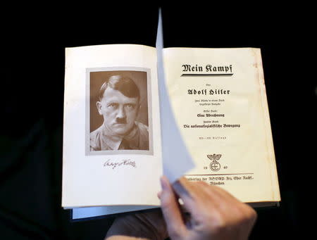 A copy of Adolf Hitler's book "Mein Kampf" (My Struggle) from 1940 is pictured in Berlin, Germany, in this picture taken December 16, 2015. REUTERS/Fabrizio Bensch