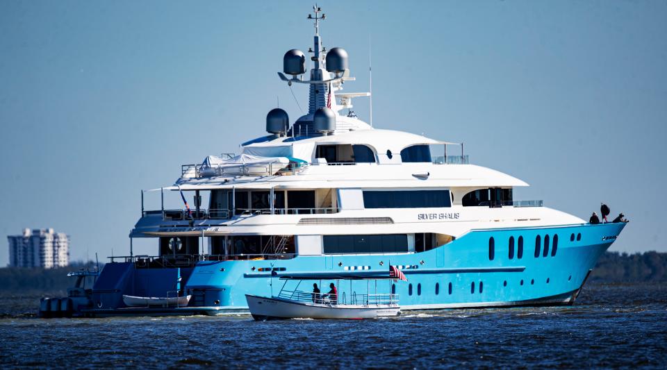 A 175-foot,Ê846-ton mega yacht owned by owned by real estate tycoon Larry Silverstein was seen anchored off the Sanibel Lighthouse between the Sanibel Causeway on Tuesday, Jan. 18, 2022. It is named the Silver Shalis.  