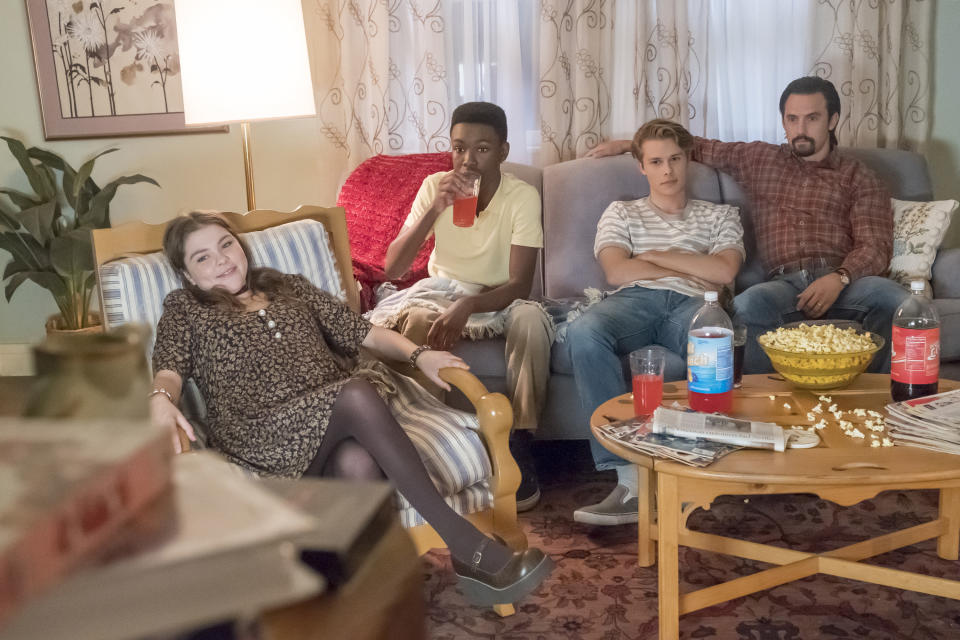 <p>Hannah Zeile as Kate, Niles Fitch as Randall, Logan Shroyer as Kevin, and MIlo Ventimiglia as Jack in NBC’s <i>This Is Us</i>.<br>(Photo: Ron Batzdorff/NBC) </p>