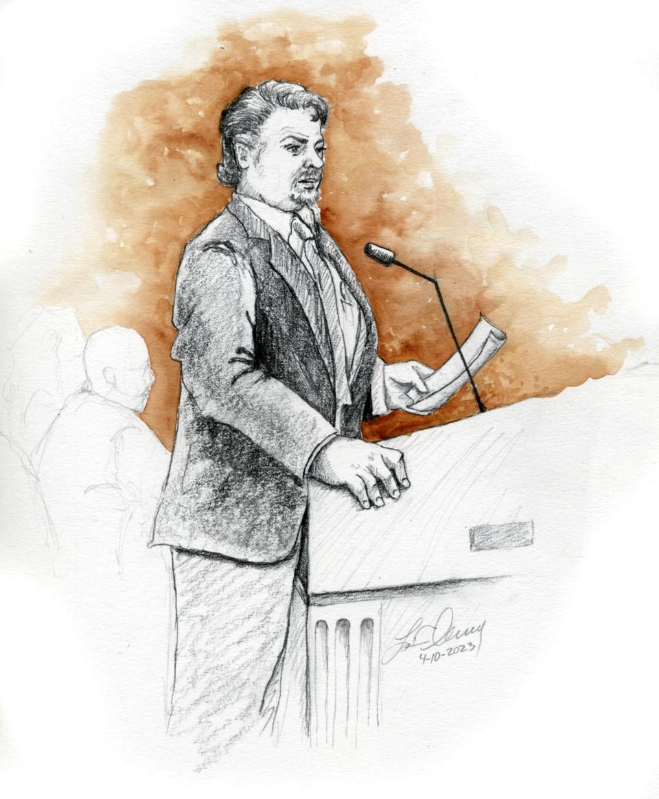 This courtroom sketch depicts defense attorney Jim Archibald speaking during opening statements of Lori Vallow Daybell’s murder trial in Boise, Idaho.