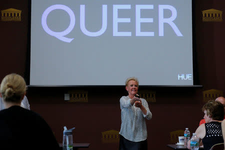 Debra Fowler, co-founder of History Unerased (HUE), which aims to provide educators with materials about the role lesbian, gay bisexual and transgender people have played in the history of the United States, leads a training session for educators in Lowell, Massachusetts, U.S., May 18, 2017. REUTERS/Brian Snyder