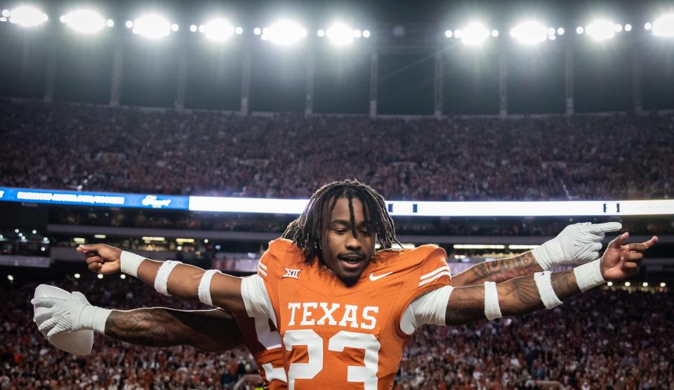 Texas nickel back Jahdae Barron celebrates on Senior Night ahead of the Longhorns' win over Texas Tech on Nov. 24.