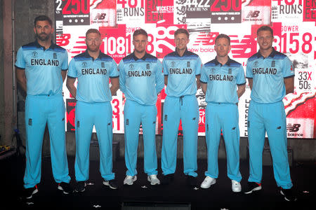 FILE PHOTO: Cricket - ICC Cricket World Cup - England Kit Launch - London, Britain - May 21, 2019 England's Liam Plunkett, Jonny Bairstow, Jason Roy, Joe Root, Eoin Morgan and Jos Buttler pose during the launch Action Images via Reuters/Matthew Childs