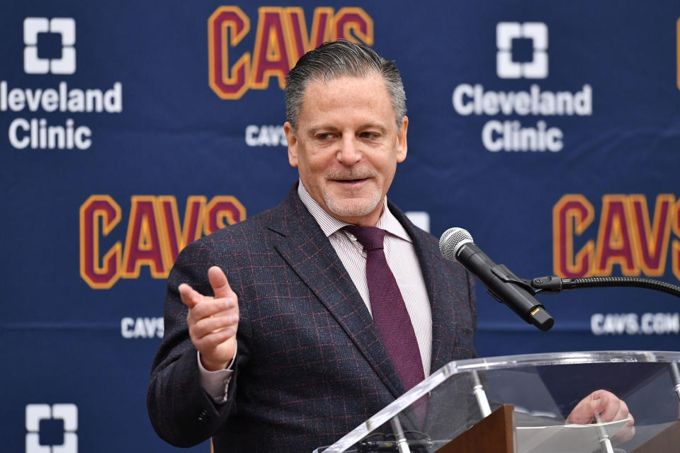 INDEPENDENCE, OHIO - MAY 21: Dan Gilbert Cleveland Cavaliers owner talks during a press conference introducing new head coach John Beilein  at Cleveland Clinic Courts on May 21, 2019 in Independence, Ohio. (Photo by Jason Miller/Getty Images)