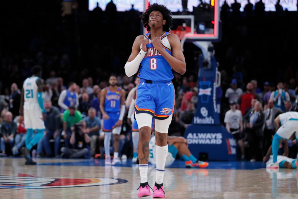 Oklahoma City Thunder forward Jalen Williams (8) reacts after an NBA basketball game between the Oklahoma City Thunder and the Charlotte Hornets at Paycom Center in Oklahoma City, Tuesday, March 28, 2023. The Hornets won 137-134.