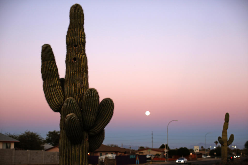 In this Feb. 8, 2020, photo, the moon rises as the day ends in Guadalupe, Ariz. Founded by Yaqui Indian refugees from south of the border more than a century ago, the town named for Mexico's patron saint, Our Lady of Guadalupe, is proud of its history but wary of outsiders as it prepares for the 2020 Census count its leaders hope will help better fund a $12 million budget to fill potholes and mend aging sewage lines. (AP Photo/Dario Lopez-MIlls)