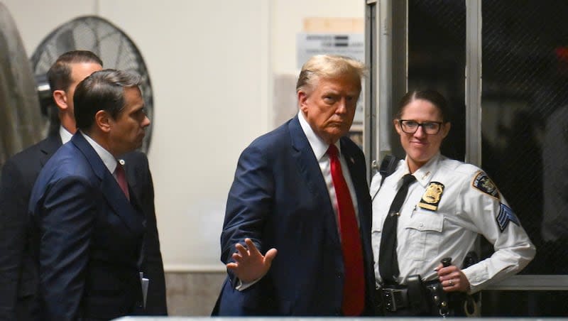 Former President Donald Trump returns to the courtroom after a break during the first day of his trial at Manhattan Criminal Court in New York on Monday, April 15, 2024. Trump's hush money trial began Monday with jury selection. It's a singular moment for American history as the first criminal trial of a former U.S. commander in chief.