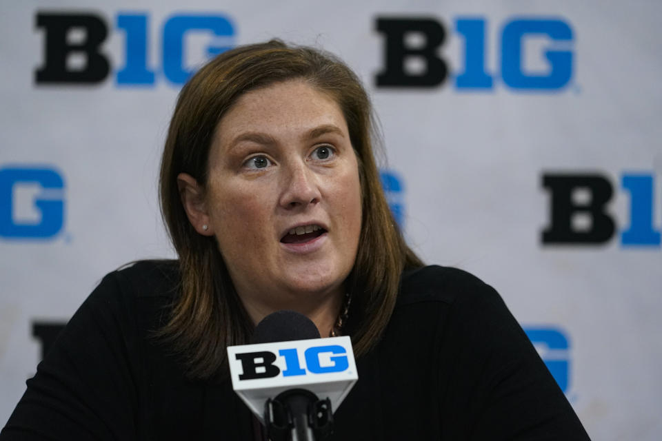 Minnesota women's head coach Lindsay Whalen speaks during the Big Ten NCAA college basketball media days in Indianapolis, Oct. 8, 2021. Minnesota coach Lindsay Whalen has signed a nationally lauded recruiting class for next season, with all four incoming players from the state. The arrival of the NCAA Women’s Final Four in Minneapolis this weekend has helped shine a bigger spotlight on the state’s growing talent pool. (AP Photo/Michael Conroy)