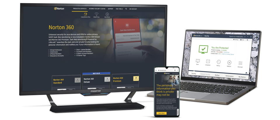 Norton 360 deluxe antivirus running on a computer, laptop and phone