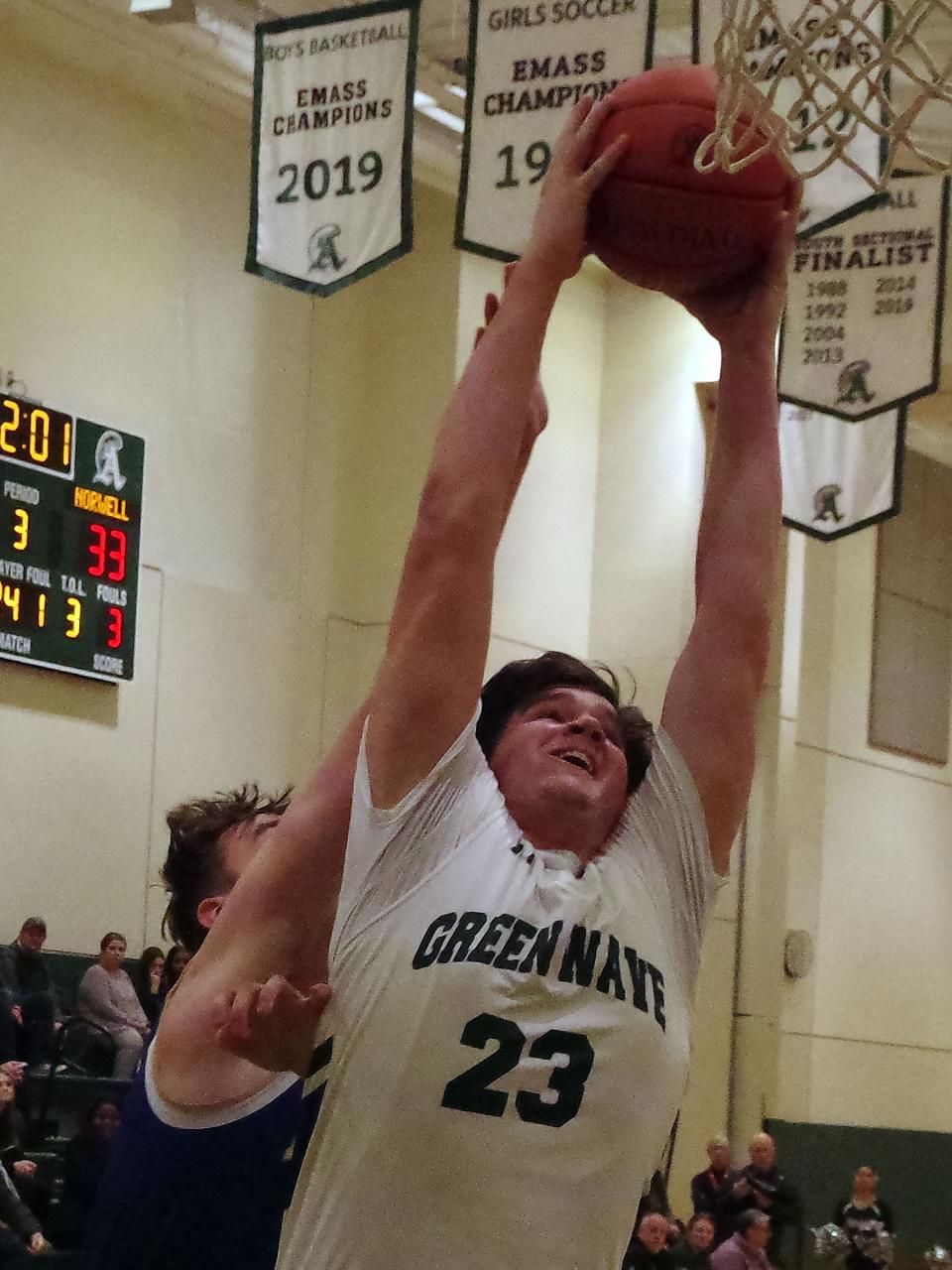 Norwell made a run on Abington in the 2nd half, and grabbed the lead at one point. But the Green Wave was able to use their size advantage to get key rebounds like this one from #23 Connor Pease who had a big game in the paint at both ends on Wednesday, Jan. 31, 2024.