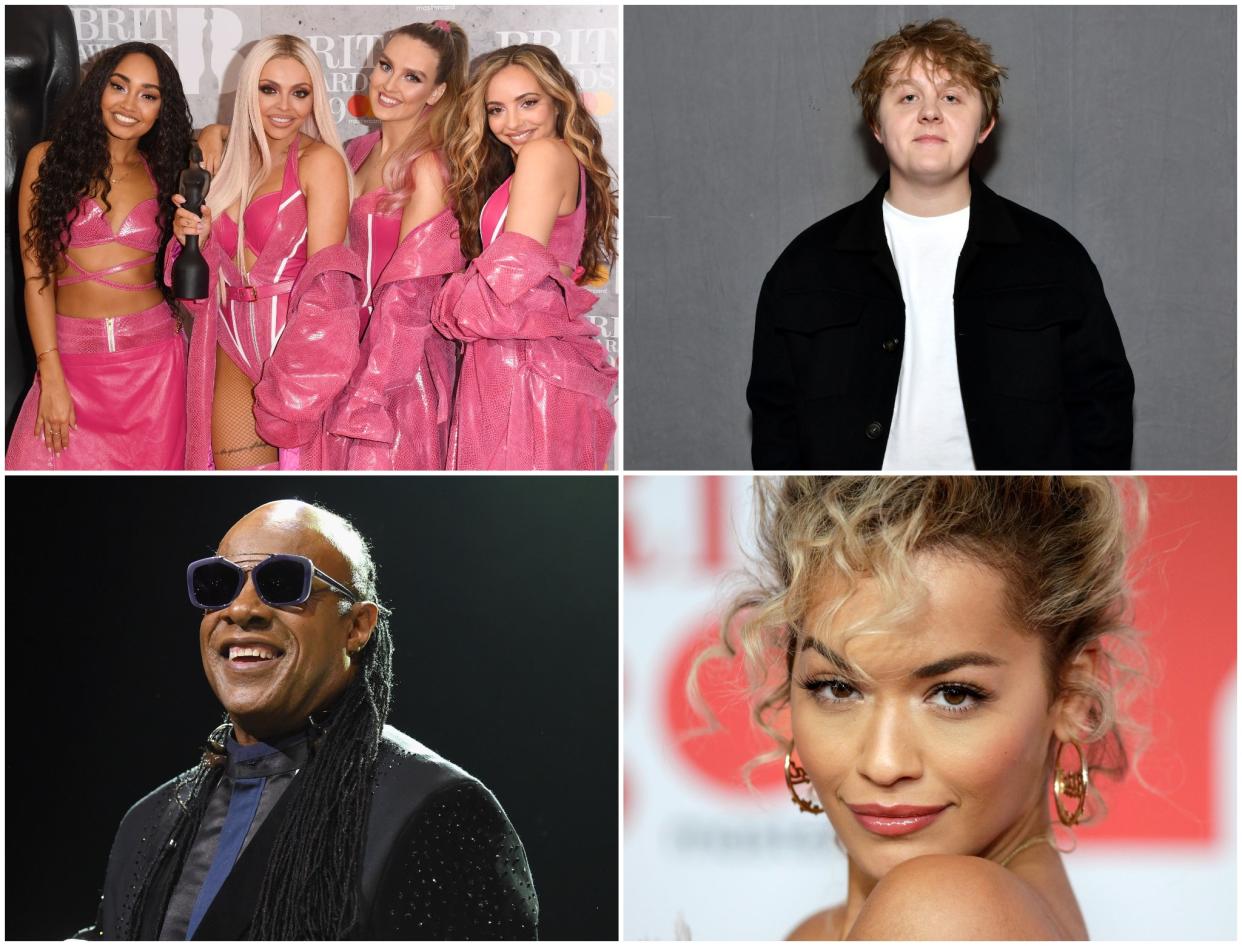 Top left going clockwise: Little Mix, Lewis Capaldi, Rita Ora and Stevie Wonder are among the artists to sign a letter against racism: Getty