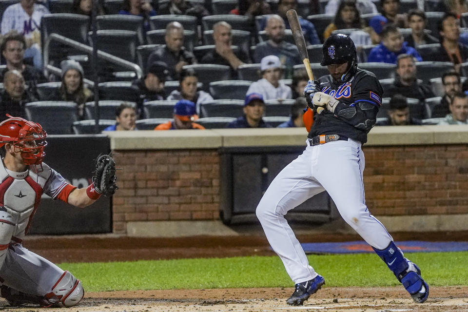 New York Mets' Pete Alonso avoids a Cincinnati Reds pitch during the second inning of a baseball game Friday, Sept. 15, 2023, in New York. (AP Photo/Bebeto Matthews)