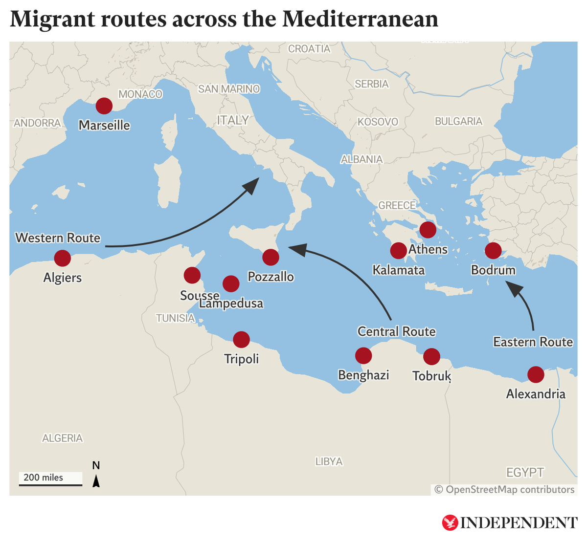A map showing migrant routes across the Mediterranean (The Independent/Datawrapper)