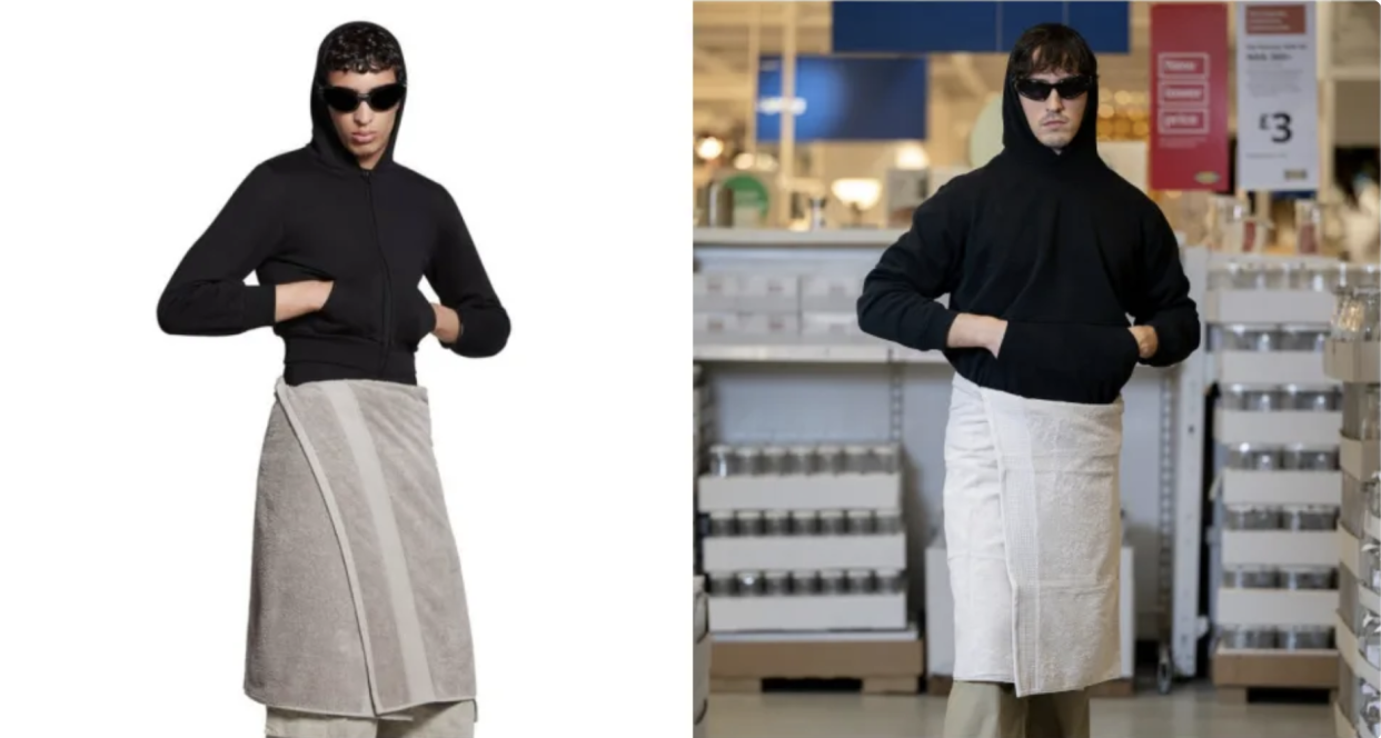 La falda toalla de Balenciaga (izquierda) y la toalla de IKEA (derecha). (Balenciaga/IKEA). 