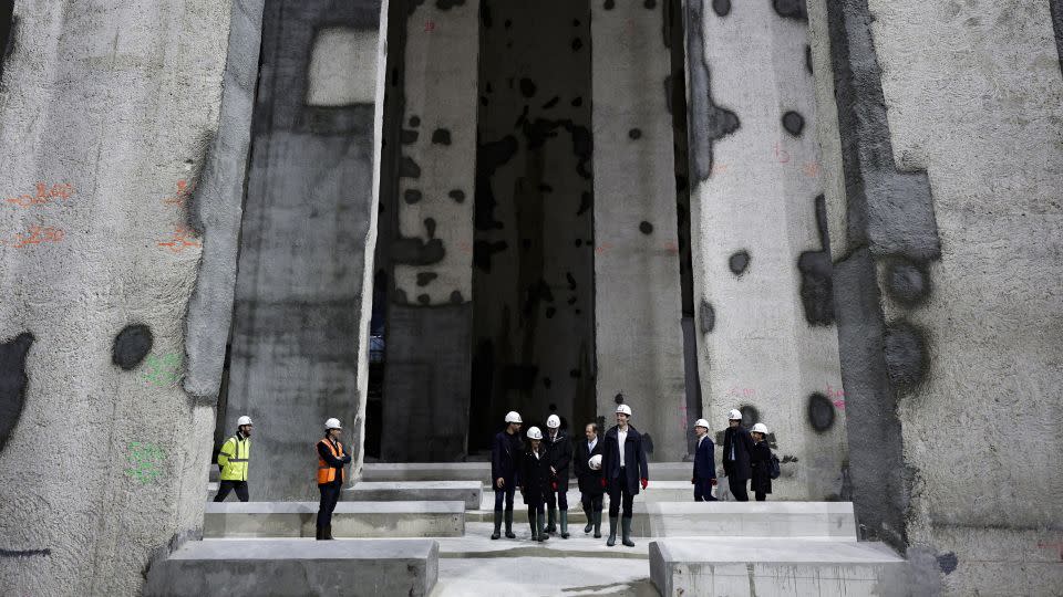 Paris mayor Anne Hidalgo and other officials attend the inauguration of the Austerlitz wastewater and rainwater storage basin on May 2, 2024. - Stephane De Sakutin/Pool/AFP/Getty Images