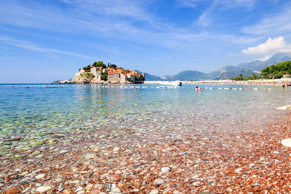 Sveti Stefan beach and island on the Adriatic sea, Montenegro