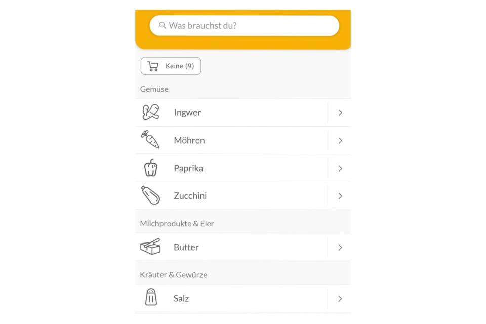 Nach Kategorien sortiert, listet die App Hngry die Lebensmittel, die ich einkaufen muss, auf. - Copyright: Hngry, Gründerszene