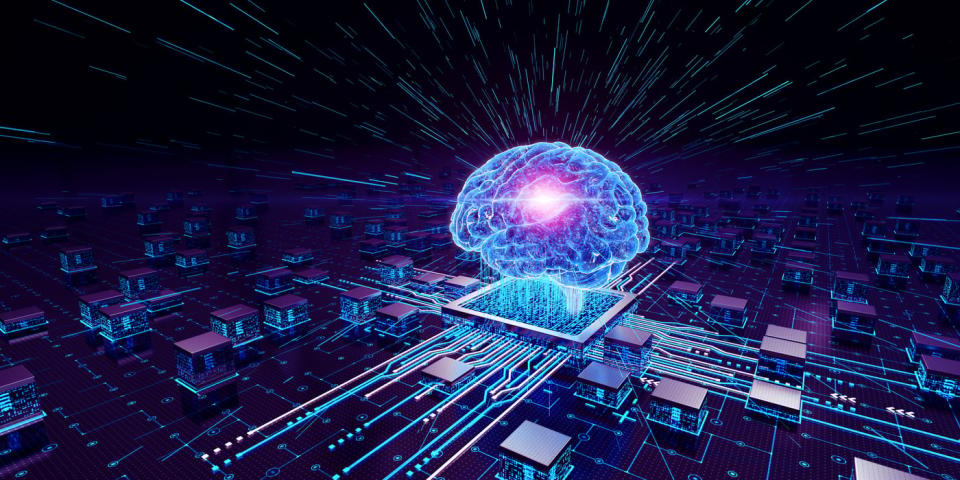 A glowing digital brain hovering above a chip on a circuit board.