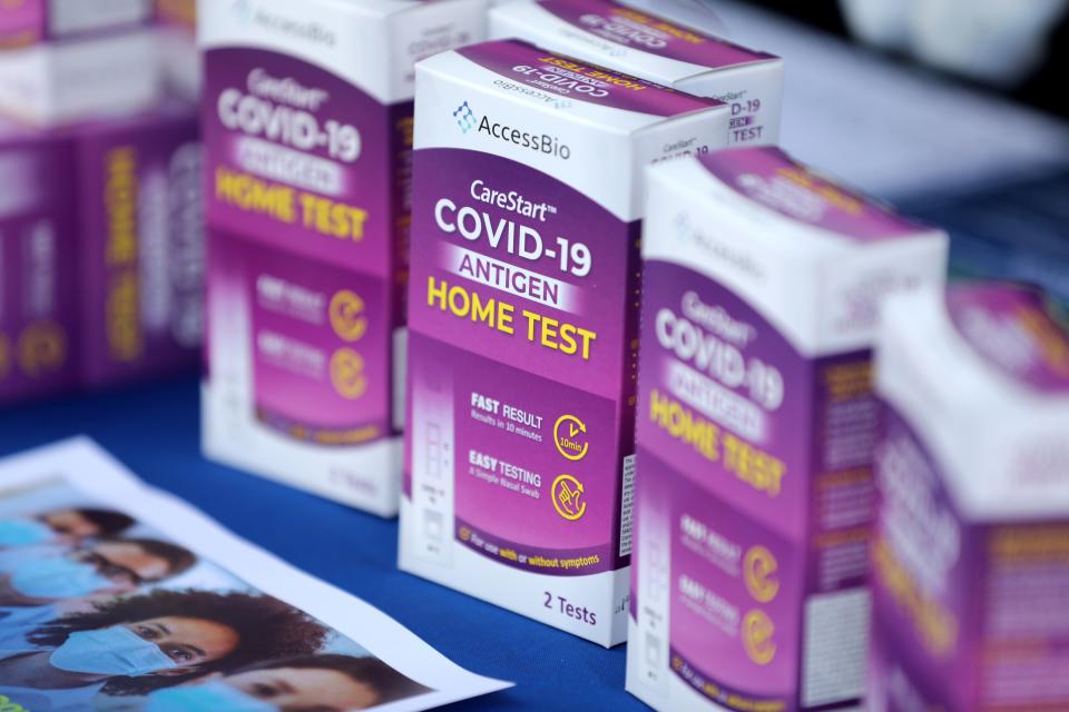 Covid-19 home tests being distributed during an outreach event at the Open Door Family Medical Center in Ossining Feb.1, 2022.