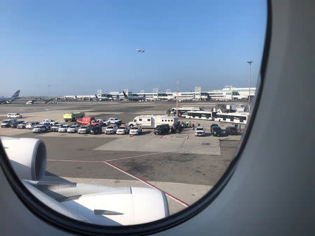 The emergency services are seen, after the passengers were taken ill on a flight from New York to Dubai, on JFK Airport, New York, U.S., September 05, 2018 in this still image obtained from social media. Larry Coben/via REUTERS