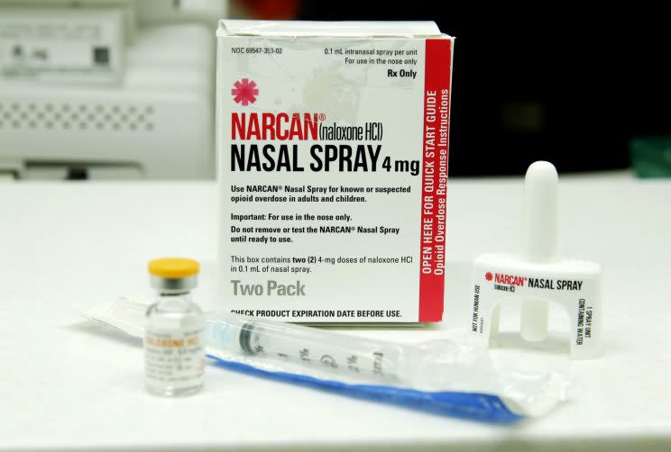 Injectable and nasal spray formulations of naloxone, which can be used to block the potentially fatal effects of opioid overdoses, are shown at an outpatient pharmacy at the University of Washington. (Photo: Ted S. Warren/AP)