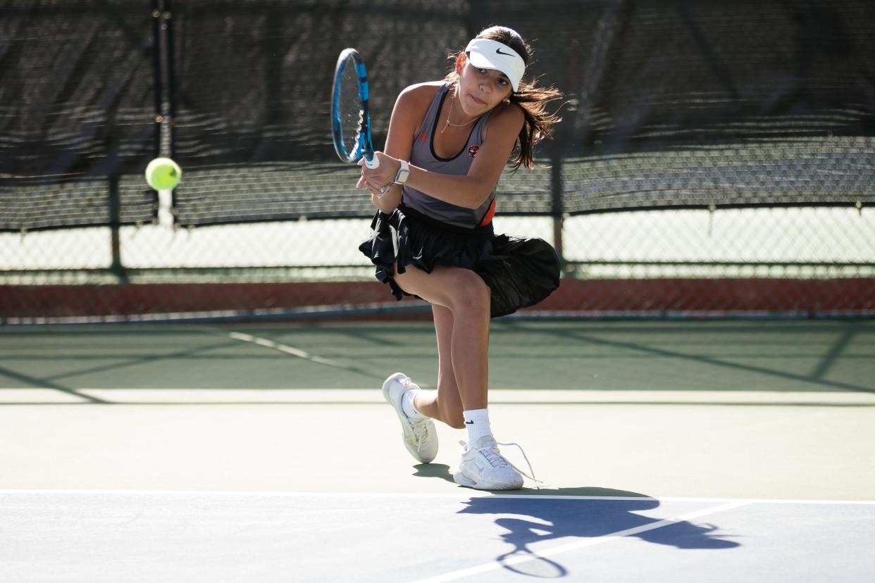 El Paso High's Kennedi Tovar competes at the District 1-5A Tennis Championships on Tuesday, April 4, 2023, at the El Paso Tennis & Swim Club.