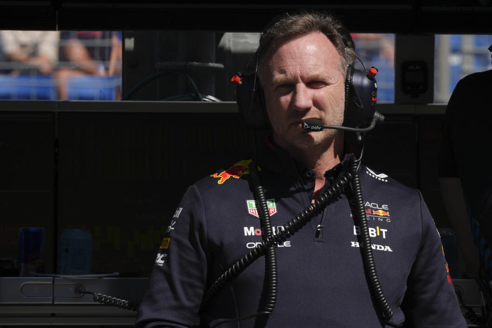 Red Bull team principal Christian Horner watches during the first practice session of the Australian Formula One Grand Prix at Albert Park, in Melbourne, Australia, Friday, March 22, 2024. (AP Photo/Asanka Brendon Ratnayake)