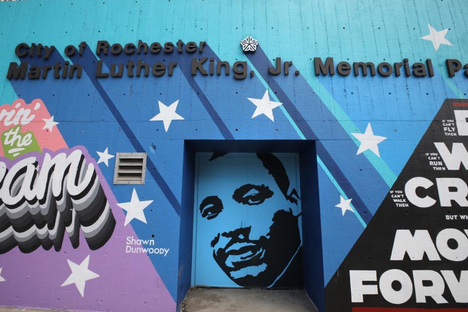 Colorful murals celebrating Rochester history by artist Shawn Dunwoody, are helping add colorful vibrancy to Martin Luther King Jr. Memorial Park.