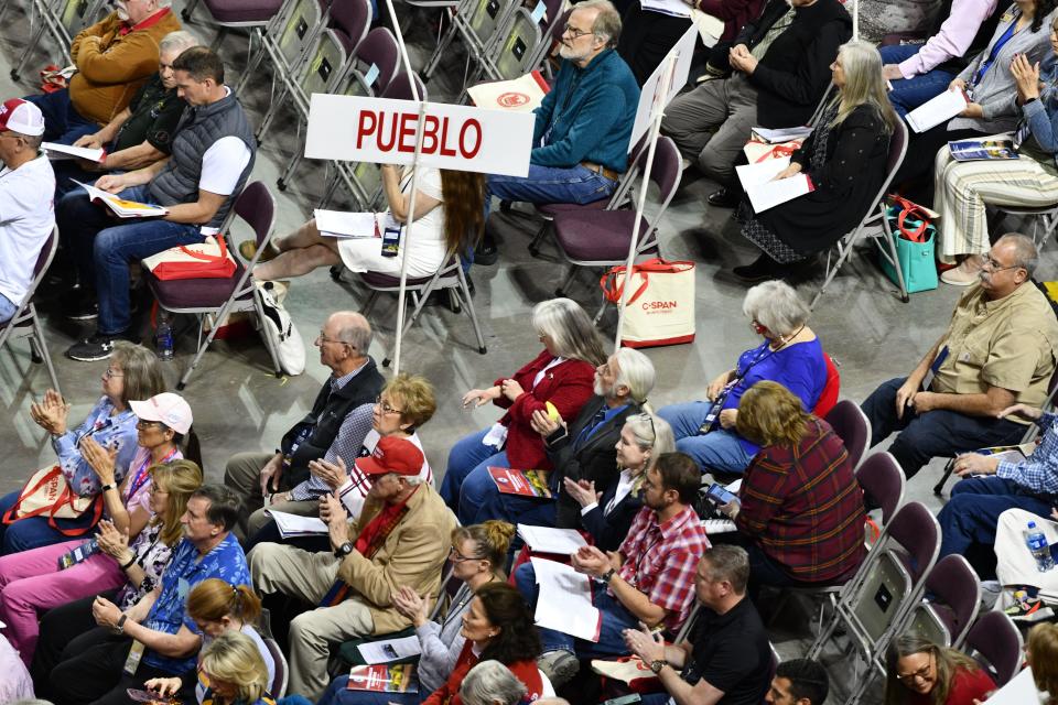 Delegates from Pueblo attend the Republican assembly in Colorado Springs, April 9, 2022.