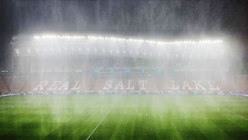 Rain and thunderstorms engulf America First Field during lightning delays and ultimate cancellation of the RSL and Leon game in Sandy on Thursday, Aug. 3, 2023.