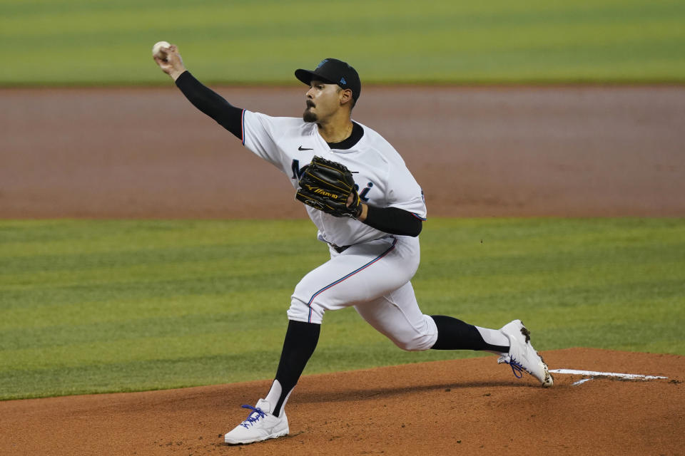 Miami Marlins starting pitcher Pablo Lopez (49) throws a pitch during the first inning of a baseball game against the San Francisco Giants, Sunday, April 18, 2021, in Miami. (AP Photo/Marta Lavandier)