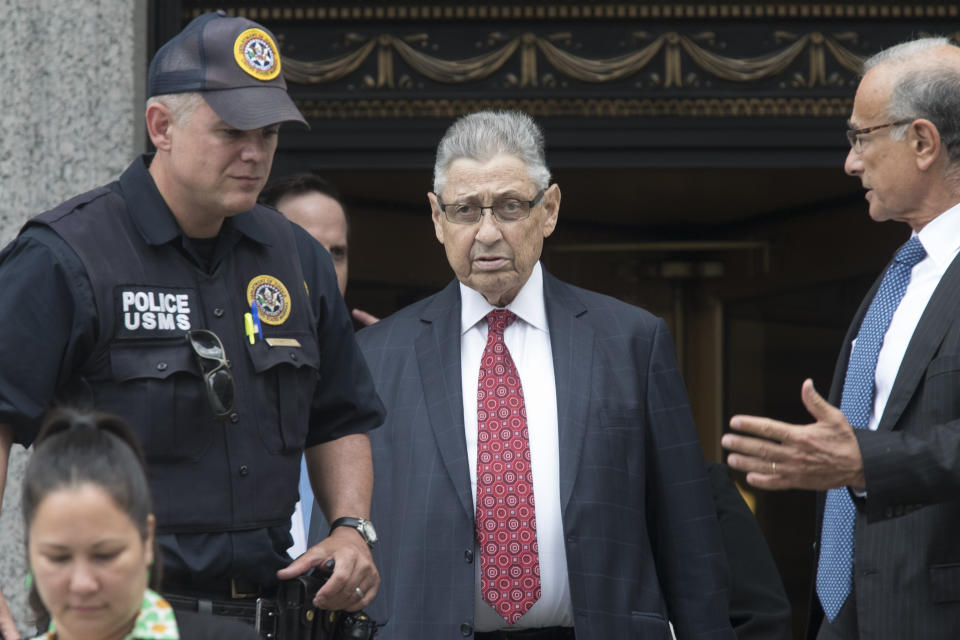 FILE - In this July 27, 2018 file photo, former New York Assembly Speaker Sheldon Silver, enter, leaves federal court in New York after his sentencing, Friday, July 27, 2018. Silver has been released from a federal prison on furlough, while he awaits potential placement to home confinement. That's according to a person familiar with the matter who spoke with The Associated Press on Tuesday (AP Photo/Mary Altaffer)