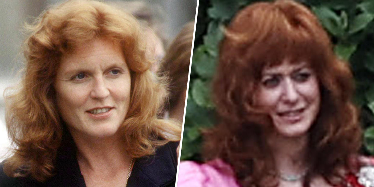 (L) Sarah, Duchess Of York at Princess Beatrice's School Sports Day. (R) Emma Laird Craig as Sarah, Duchess of York, Andrew’s wife. (Getty Images, Splash News)