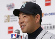 Seattle Mariners pitcher Yusei Kikuchi speaks during a press conference in Tokyo, Saturday, March 16, 2019. Just as he was adjusting to life in the United States, Kikuchi is back in Japan getting ready to make his Major League pitching debut in front of a sellout crowd at Tokyo Dome. Kikuchi will be on the mound in Game 2 of the MarinersÅf season-opening series in Japan. (AP Photo/Toru Takahashi)