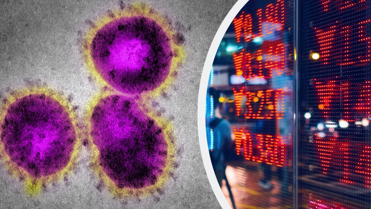 Pictured: Coronavirus cells, stock market. Images: Getty