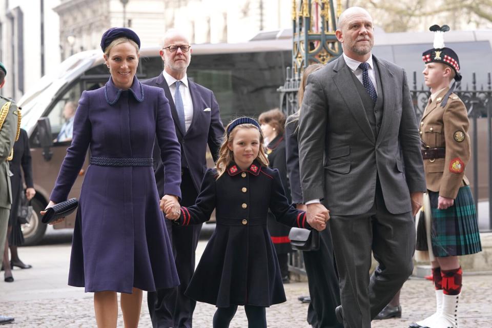 Zara, Mia and Mike Tindall arriving for a Service of Thanksgiving for the life of the Duke of Edinburgh