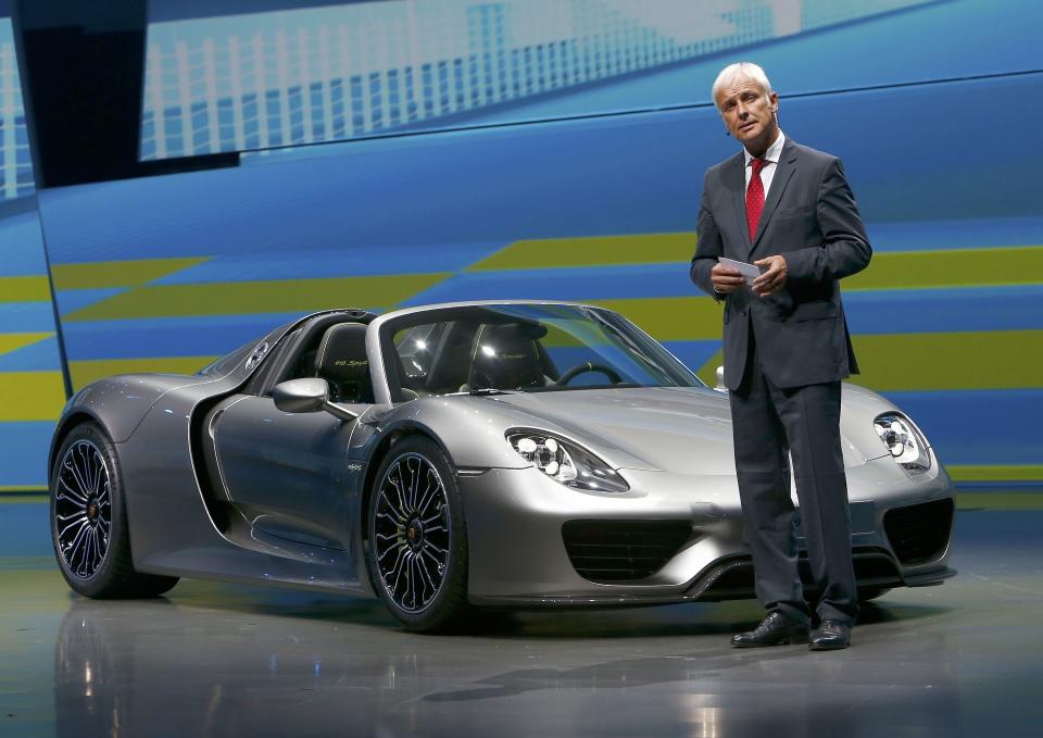 Porsche CEO, Matthias Mueller presents the new Porsche 918 Spyder hybrid car at the Volkswagen group night at the Frankfurt motor show