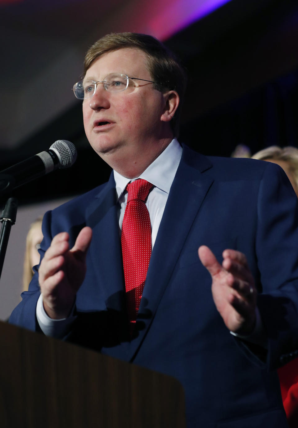 Mississippi Governor-elect Tate Reeves addresses his supporters at a state GOP election night party Tuesday, Nov. 5, 2019, in Jackson, Miss. Reeves, the current lieutenant governor, defeated Democratic Attorney General Jim Hood. (AP Photo/Rogelio V. Solis)