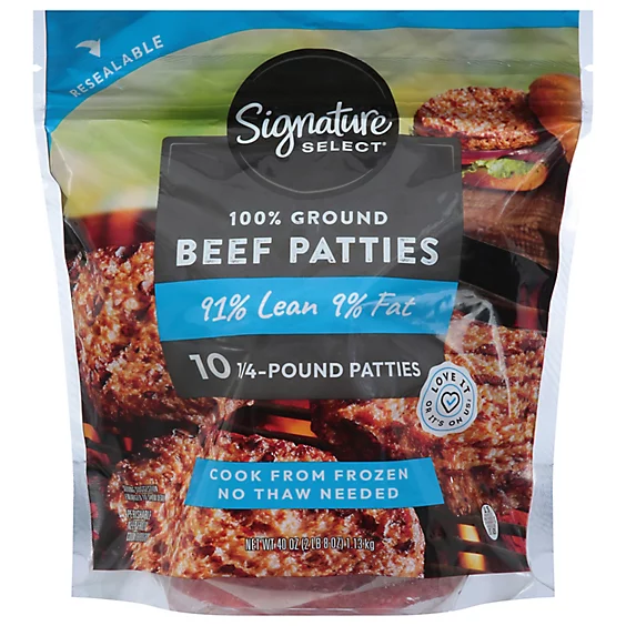 Signature Select 100% Ground Beef Patties, 10 quarter-pound patties, 91% lean, 9% fat, cook from frozen, no thaw needed