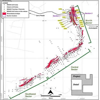 Figure 3: Location of Bravo Drilling and Sections Reported in this News Release (CNW Group/Bravo Mining Corp.)