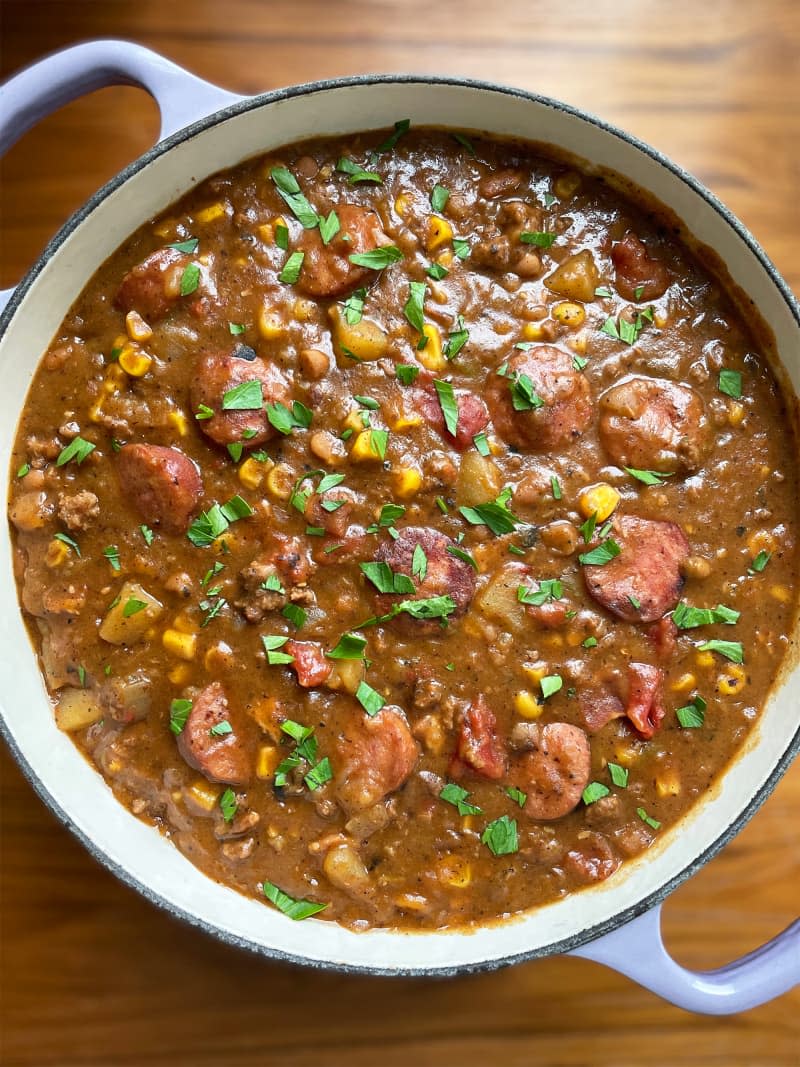 Cowboy stew in Dutch oven.