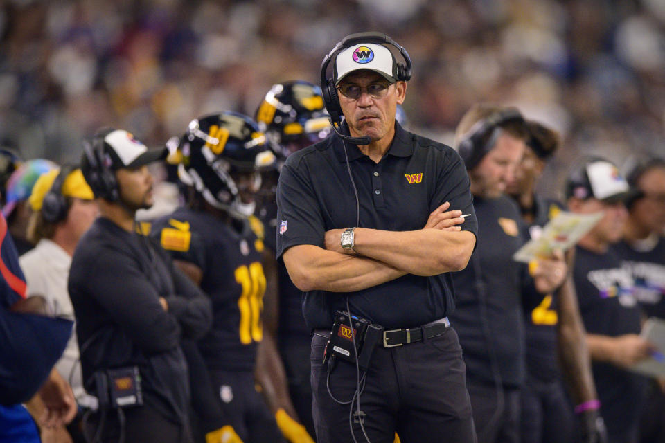 Oct 2, 2022; Arlington, Texas, USA; Washington Commanders head coach Ron Rivera watches the game between the Dallas Cowboys and the Washington Commanders during the second half at AT&T Stadium. Mandatory Credit: Jerome Miron-USA TODAY Sports