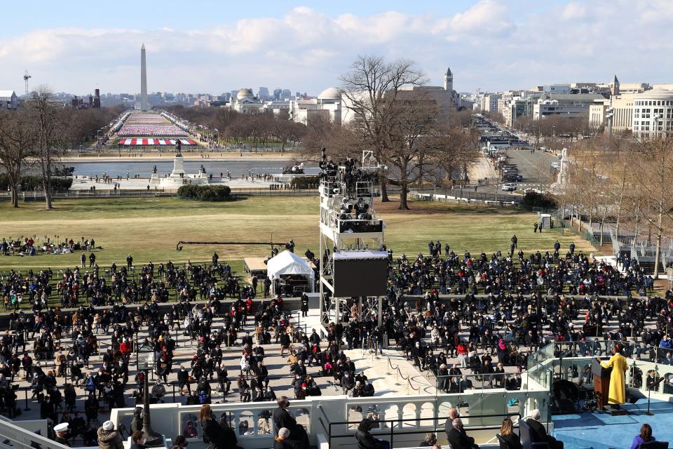 National youth poet laureate Amanda Gorman speaks at the inauguration of U.S. President Joe Biden on the West Front of the U.S. Capitol on January 20, 2021 in Washington, D.C.