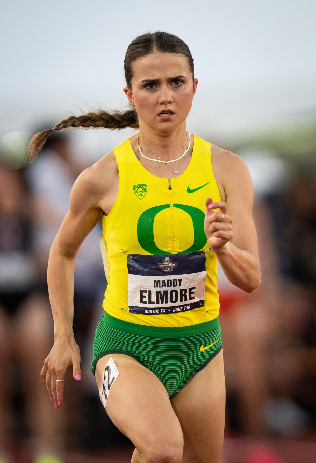 Oregon's Maddy Elmore warms up to compete in the 1500 meters at the 2023 NCAA outdoor track and field championships, June 10, 2023 at Mike A. Myers Stadium in Austin, Texas.