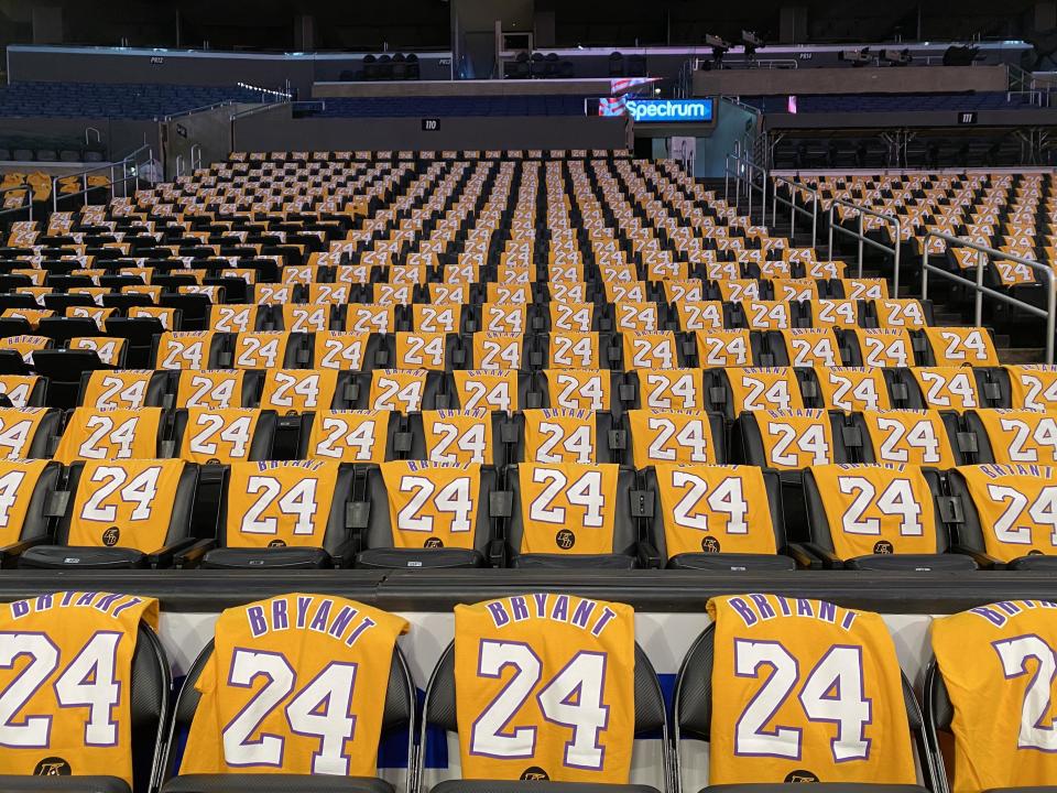 Jan 31, 2020; Los Angeles, California, USA;  Kobe Bryant shirts are set on seats inside the Staples Center in advance of the Los Angeles Lakers game against the Portland Trail Blazers. Former Lakers star Kobe Bryant was killed in a helicopter crash on Sunday.  Mandatory Credit: Sandy Hooper-USA TODAY Sports