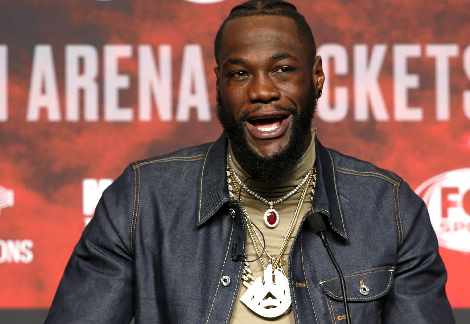 WBC heavyweight champion Deontay Wilder speaks during a final news conference at MGM Grand Garden Arena Las Vegas Wednesday, Nov. 20, 2019. Wilder will defend his title in a rematch against Luis Ortiz at the arena on Saturday, Nov. 23, 2019. (Steve Marcus/Las Vegas Sun via AP)