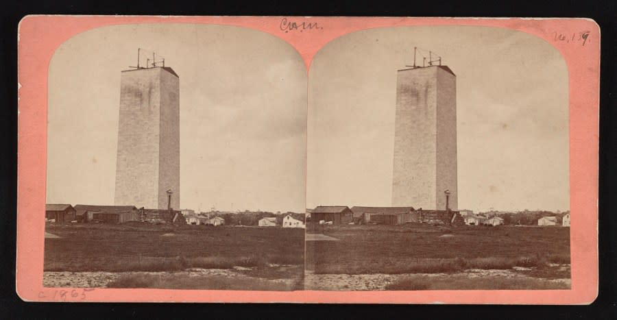 1865 Stereograph showing the unfinished monument. (LOC)