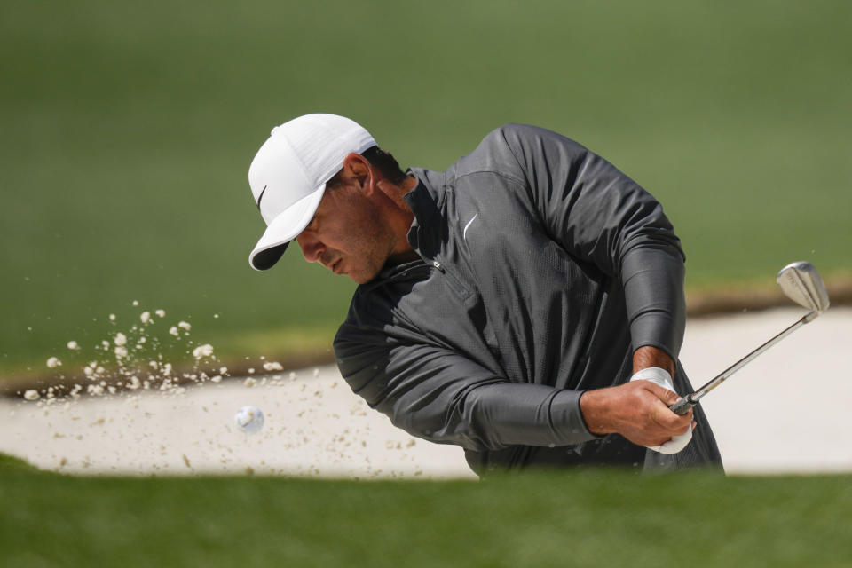 Brooks Koepka hits from the bunker on the second hole during the final round of the Masters golf tournament at Augusta National Golf Club on Sunday, April 9, 2023, in Augusta, Ga. (AP Photo/Matt Slocum)