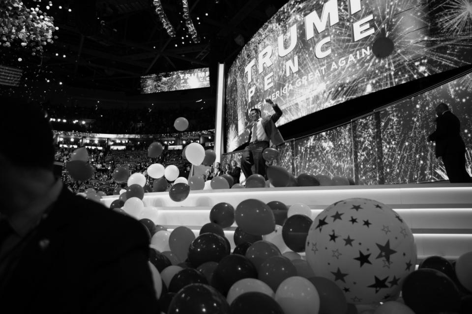 <p>Donald Trump Jr. kicks balloons on the stage after the conclusion of the RNC Convention in Cleveland, OH. on July 21, 2016. (Photo: Khue Bui for Yahoo News)</p>